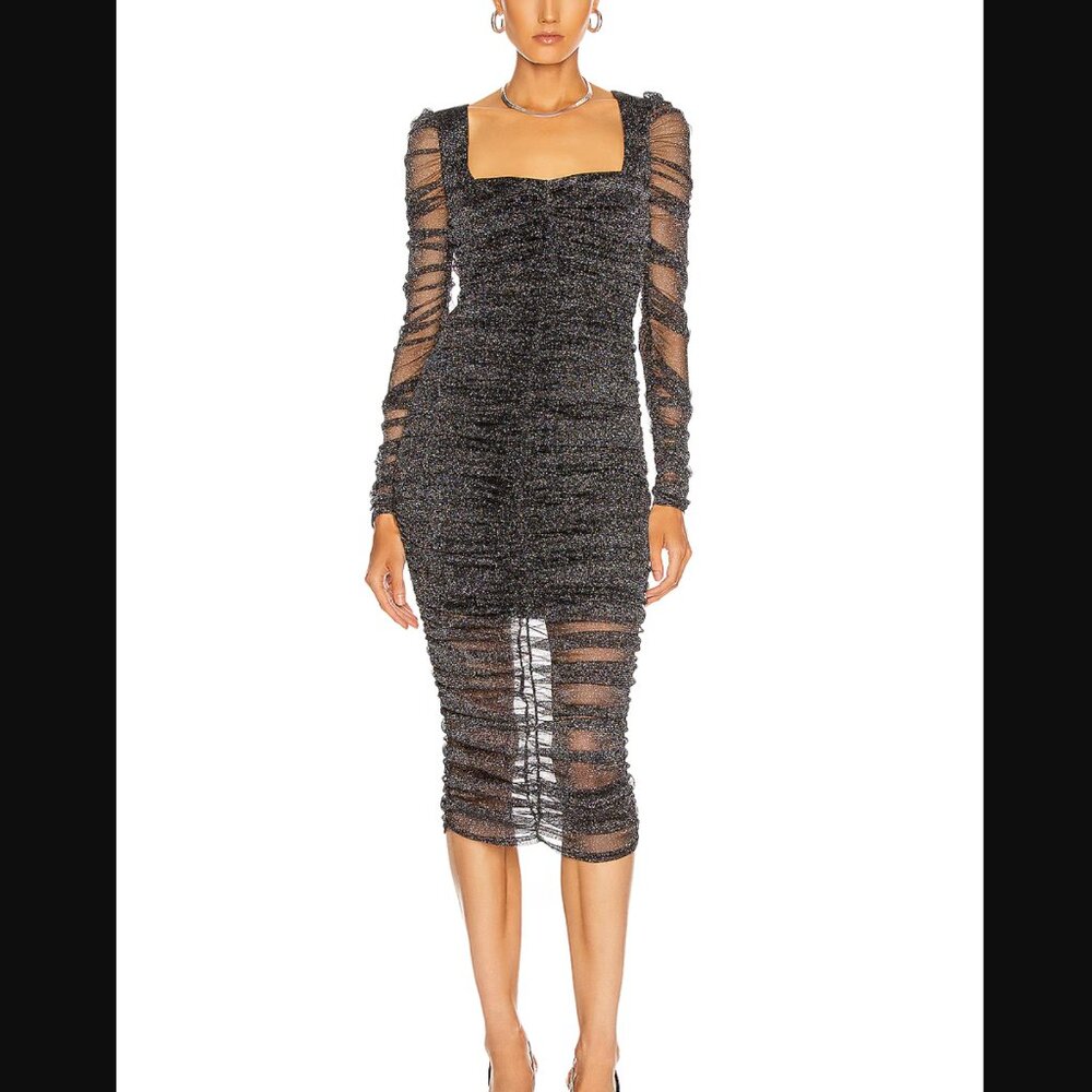 JONATHAN SIMKHAI STANDARD Long Sleeve Ruched Midi Sexy Sheer See Through Dress